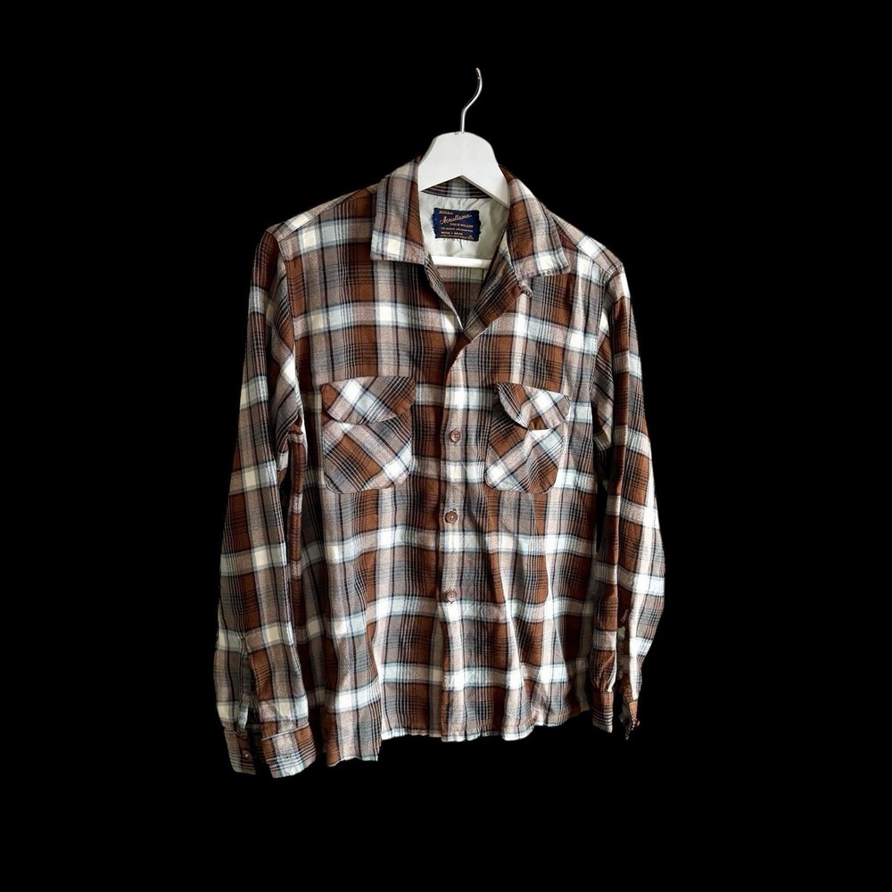 Vintage 1950's Acrallama Milliken Flap Pocket Plaid Shirt Sz Medium Wool Acrylam